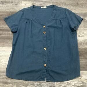 Grae‎ Cove Navy Blue Womens L Coastal Casual Chic Linen V-Neck Button Up Blouse